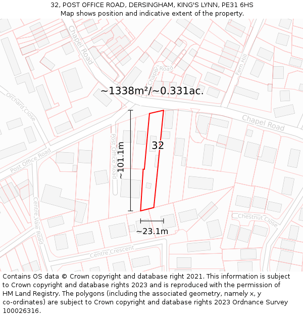32, POST OFFICE ROAD, DERSINGHAM, KING'S LYNN, PE31 6HS: Plot and title map