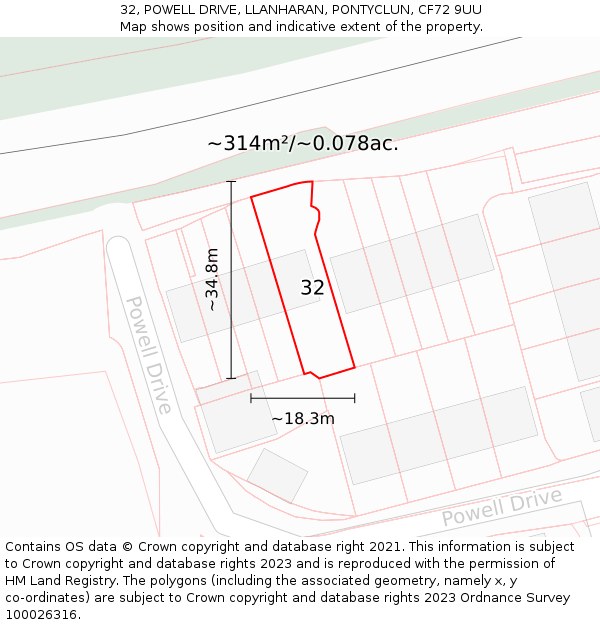 32, POWELL DRIVE, LLANHARAN, PONTYCLUN, CF72 9UU: Plot and title map