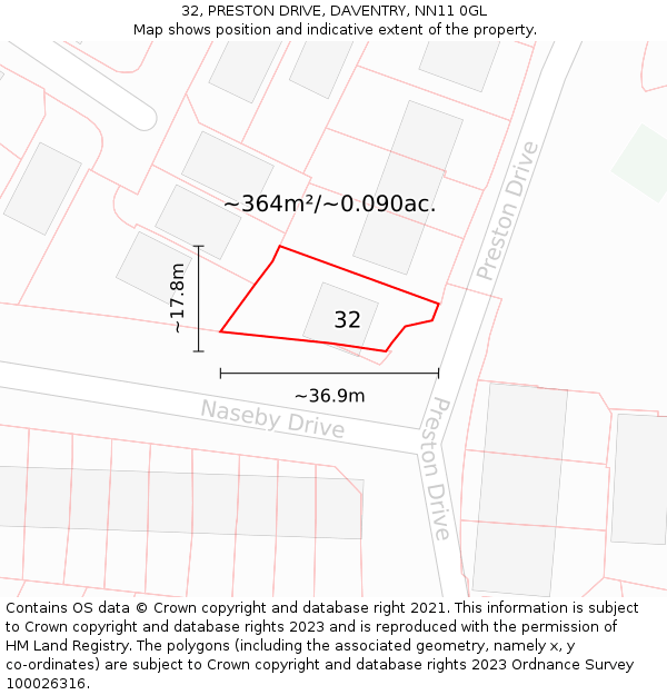 32, PRESTON DRIVE, DAVENTRY, NN11 0GL: Plot and title map