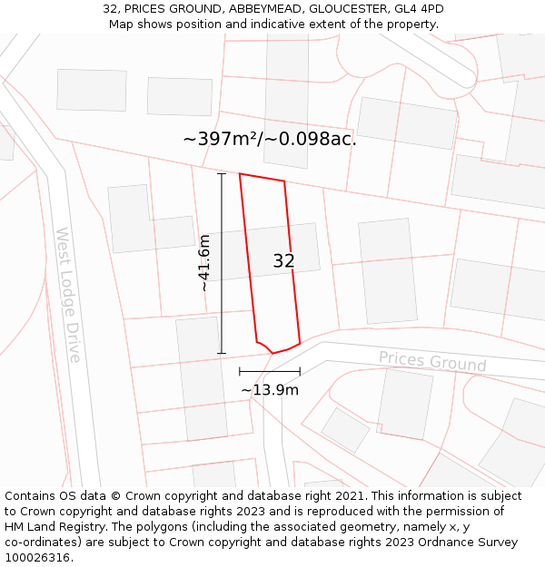 32, PRICES GROUND, ABBEYMEAD, GLOUCESTER, GL4 4PD: Plot and title map