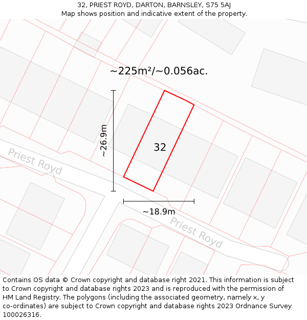 32, PRIEST ROYD, DARTON, BARNSLEY, S75 5AJ: Plot and title map
