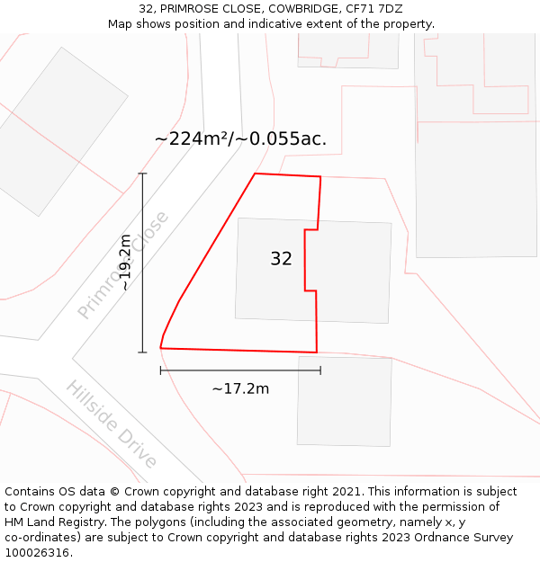 32, PRIMROSE CLOSE, COWBRIDGE, CF71 7DZ: Plot and title map