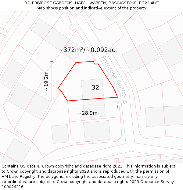 32, PRIMROSE GARDENS, HATCH WARREN, BASINGSTOKE, RG22 4UZ: Plot and title map