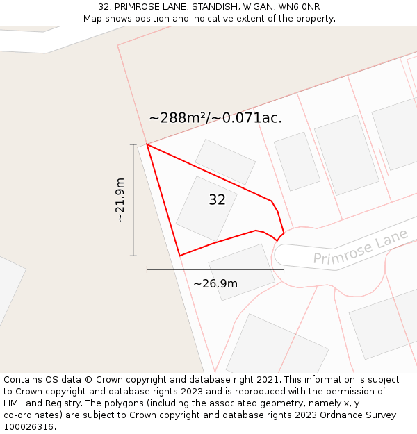 32, PRIMROSE LANE, STANDISH, WIGAN, WN6 0NR: Plot and title map