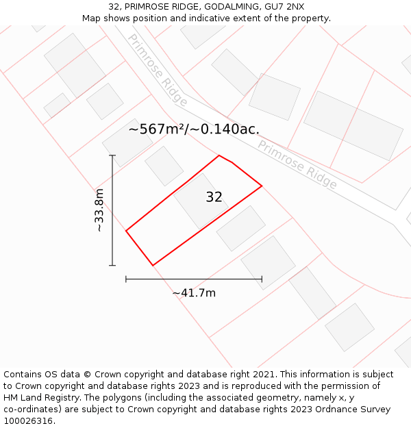 32, PRIMROSE RIDGE, GODALMING, GU7 2NX: Plot and title map