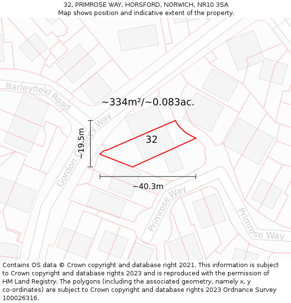 32, PRIMROSE WAY, HORSFORD, NORWICH, NR10 3SA: Plot and title map