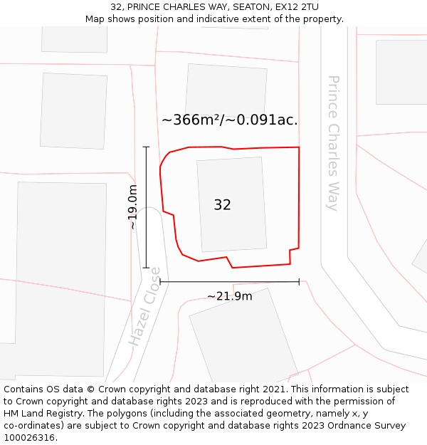32, PRINCE CHARLES WAY, SEATON, EX12 2TU: Plot and title map