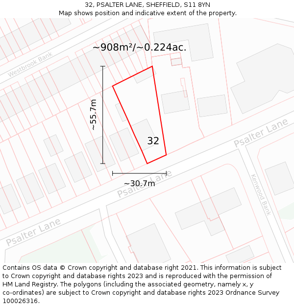32, PSALTER LANE, SHEFFIELD, S11 8YN: Plot and title map
