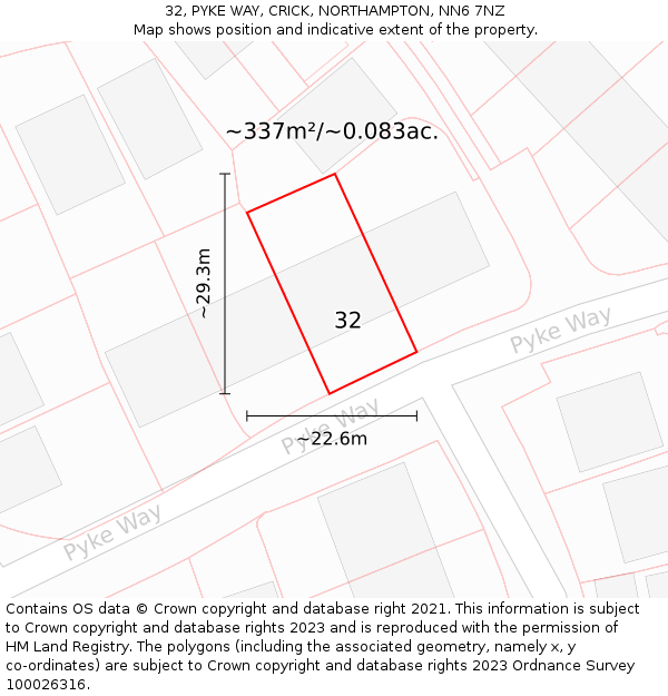 32, PYKE WAY, CRICK, NORTHAMPTON, NN6 7NZ: Plot and title map