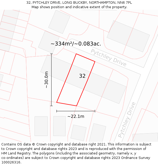 32, PYTCHLEY DRIVE, LONG BUCKBY, NORTHAMPTON, NN6 7PL: Plot and title map