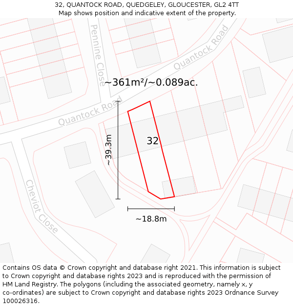 32, QUANTOCK ROAD, QUEDGELEY, GLOUCESTER, GL2 4TT: Plot and title map