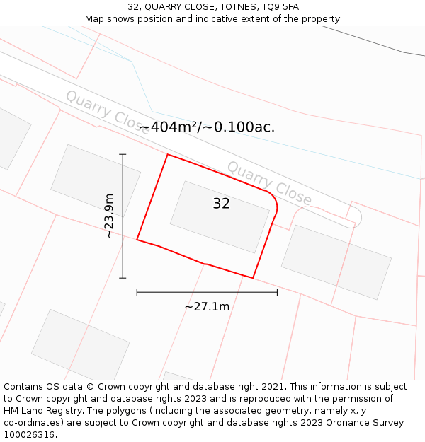 32, QUARRY CLOSE, TOTNES, TQ9 5FA: Plot and title map