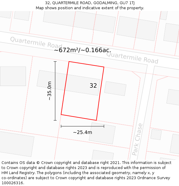 32, QUARTERMILE ROAD, GODALMING, GU7 1TJ: Plot and title map