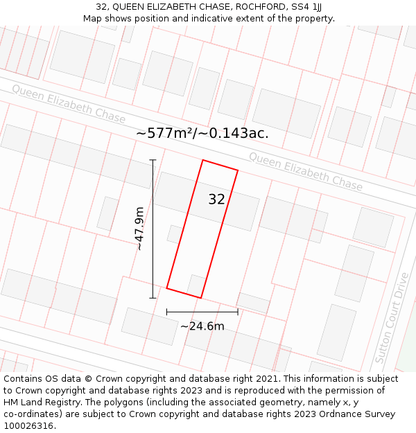 32, QUEEN ELIZABETH CHASE, ROCHFORD, SS4 1JJ: Plot and title map