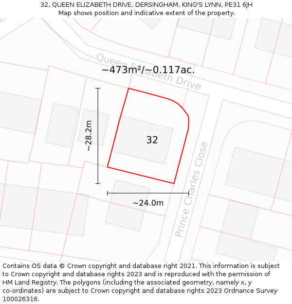 32, QUEEN ELIZABETH DRIVE, DERSINGHAM, KING'S LYNN, PE31 6JH: Plot and title map