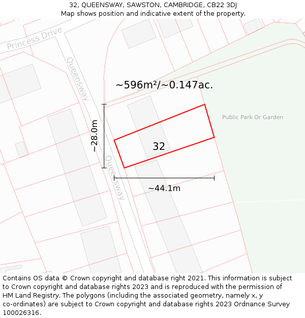 32, QUEENSWAY, SAWSTON, CAMBRIDGE, CB22 3DJ: Plot and title map