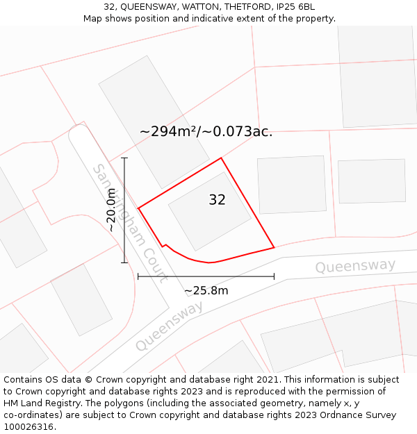 32, QUEENSWAY, WATTON, THETFORD, IP25 6BL: Plot and title map
