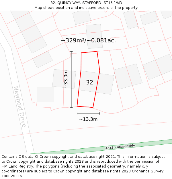 32, QUINCY WAY, STAFFORD, ST16 1WD: Plot and title map