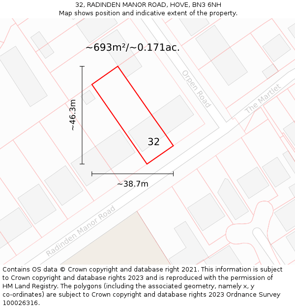 32, RADINDEN MANOR ROAD, HOVE, BN3 6NH: Plot and title map