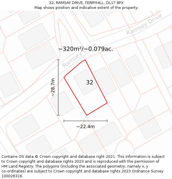 32, RAMSAY DRIVE, FERRYHILL, DL17 8PX: Plot and title map