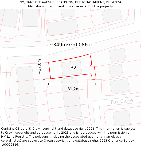 32, RATCLIFFE AVENUE, BRANSTON, BURTON-ON-TRENT, DE14 3DA: Plot and title map