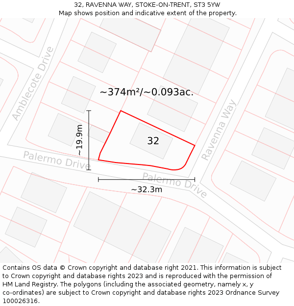32, RAVENNA WAY, STOKE-ON-TRENT, ST3 5YW: Plot and title map
