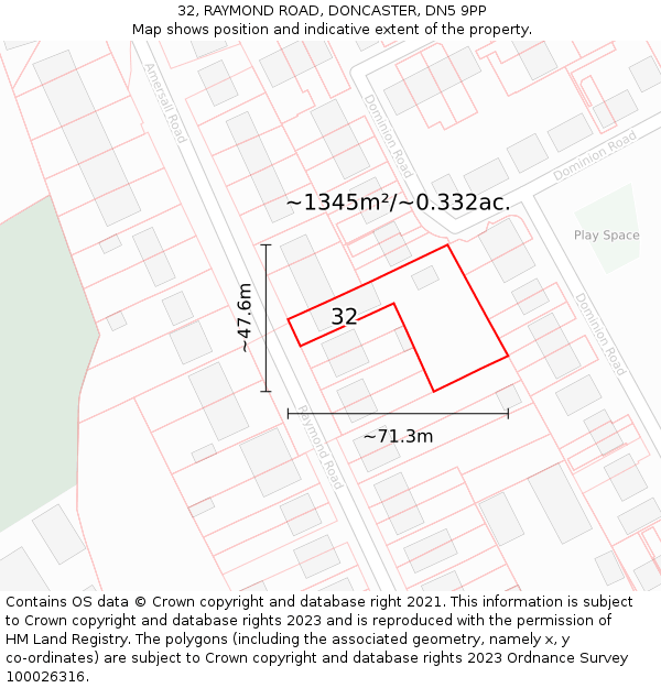 32, RAYMOND ROAD, DONCASTER, DN5 9PP: Plot and title map