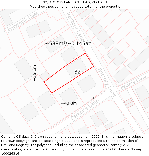 32, RECTORY LANE, ASHTEAD, KT21 2BB: Plot and title map