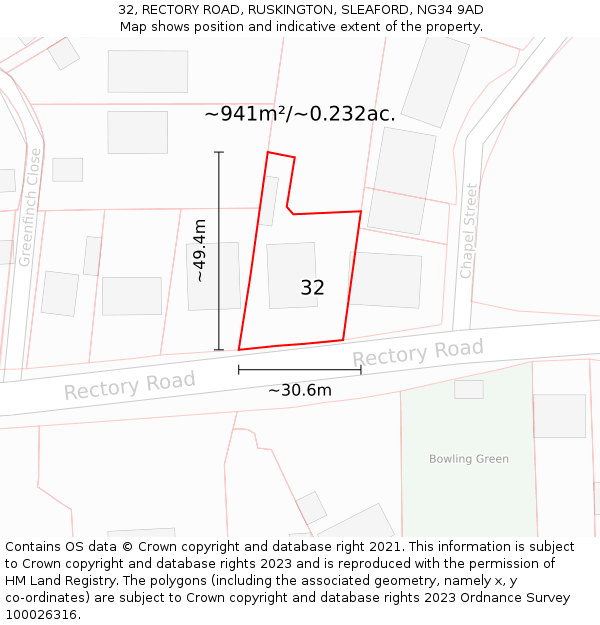 32, RECTORY ROAD, RUSKINGTON, SLEAFORD, NG34 9AD: Plot and title map