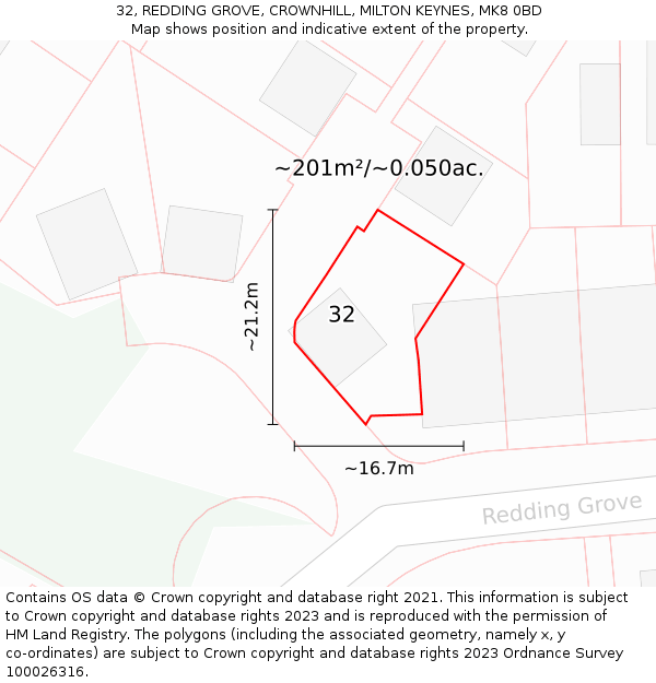 32, REDDING GROVE, CROWNHILL, MILTON KEYNES, MK8 0BD: Plot and title map