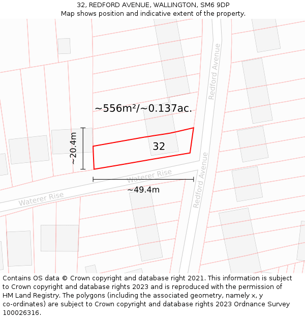 32, REDFORD AVENUE, WALLINGTON, SM6 9DP: Plot and title map