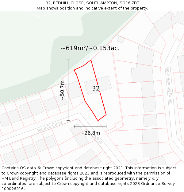 32, REDHILL CLOSE, SOUTHAMPTON, SO16 7BT: Plot and title map