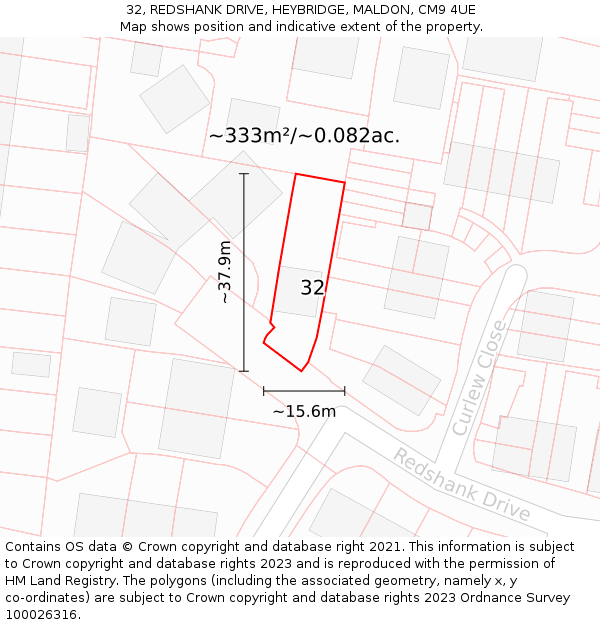 32, REDSHANK DRIVE, HEYBRIDGE, MALDON, CM9 4UE: Plot and title map