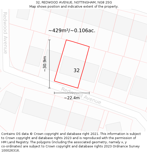 32, REDWOOD AVENUE, NOTTINGHAM, NG8 2SG: Plot and title map