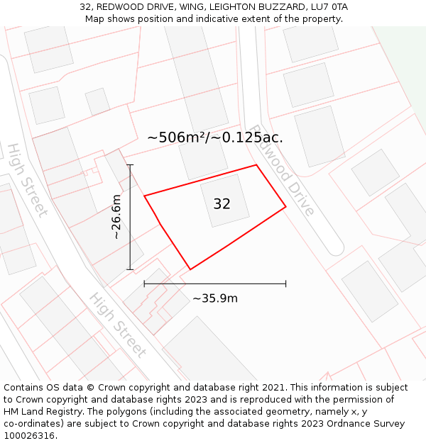 32, REDWOOD DRIVE, WING, LEIGHTON BUZZARD, LU7 0TA: Plot and title map