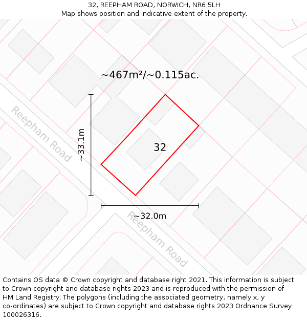 32, REEPHAM ROAD, NORWICH, NR6 5LH: Plot and title map