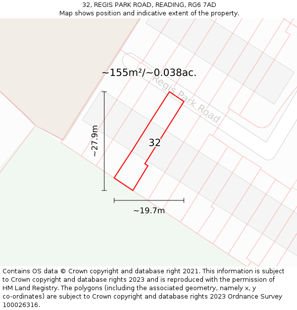 32, REGIS PARK ROAD, READING, RG6 7AD: Plot and title map