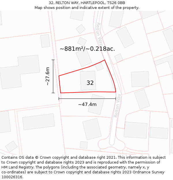 32, RELTON WAY, HARTLEPOOL, TS26 0BB: Plot and title map
