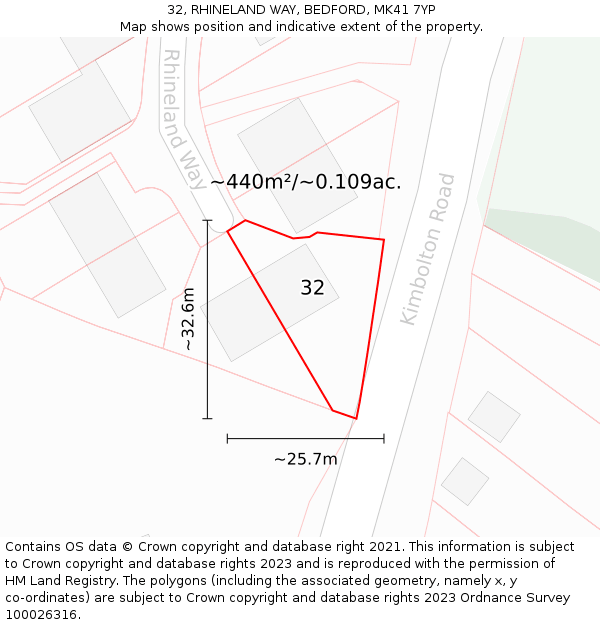 32, RHINELAND WAY, BEDFORD, MK41 7YP: Plot and title map