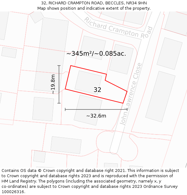 32, RICHARD CRAMPTON ROAD, BECCLES, NR34 9HN: Plot and title map