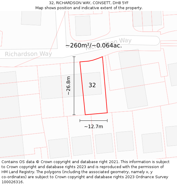 32, RICHARDSON WAY, CONSETT, DH8 5YF: Plot and title map