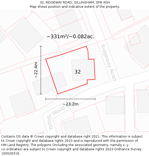 32, RIDGEWAY ROAD, GILLINGHAM, SP8 4GH: Plot and title map