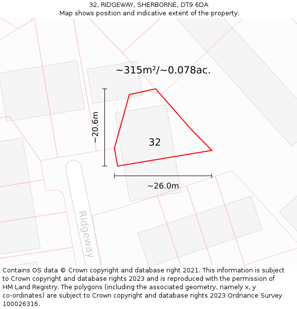 32, RIDGEWAY, SHERBORNE, DT9 6DA: Plot and title map