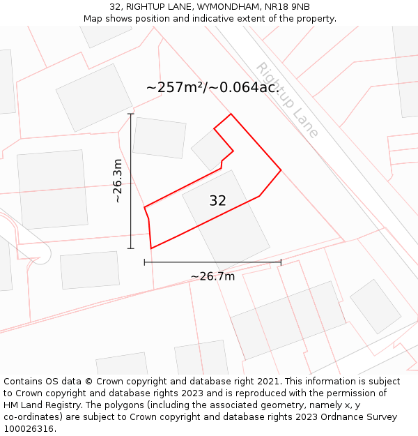 32, RIGHTUP LANE, WYMONDHAM, NR18 9NB: Plot and title map