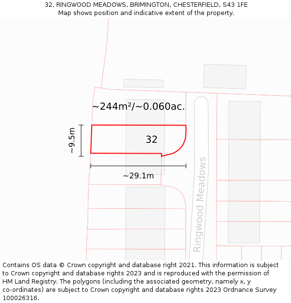 32, RINGWOOD MEADOWS, BRIMINGTON, CHESTERFIELD, S43 1FE: Plot and title map