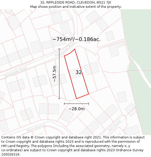 32, RIPPLESIDE ROAD, CLEVEDON, BS21 7JX: Plot and title map