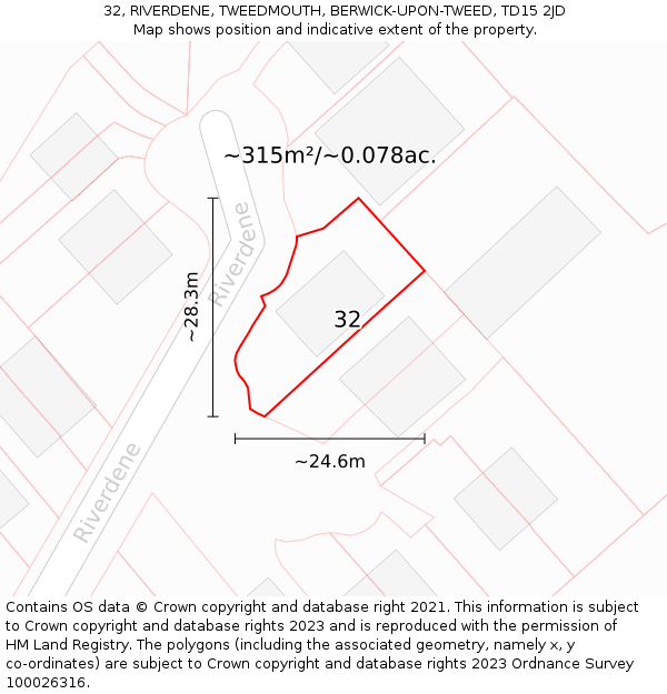 32, RIVERDENE, TWEEDMOUTH, BERWICK-UPON-TWEED, TD15 2JD: Plot and title map