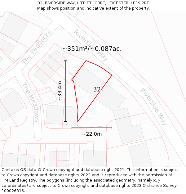 32, RIVERSIDE WAY, LITTLETHORPE, LEICESTER, LE19 2PT: Plot and title map