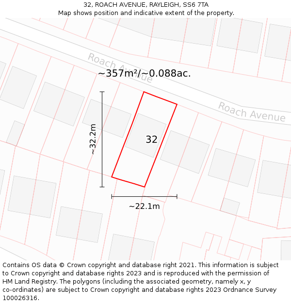 32, ROACH AVENUE, RAYLEIGH, SS6 7TA: Plot and title map