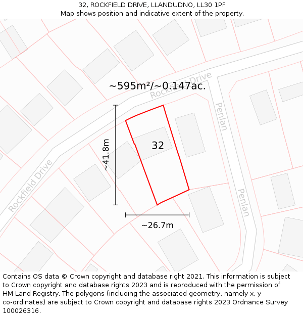 32, ROCKFIELD DRIVE, LLANDUDNO, LL30 1PF: Plot and title map